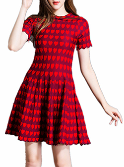Short Sleeved Dress - Vintage 3-D Heart Print / Red on Red / Skater Style